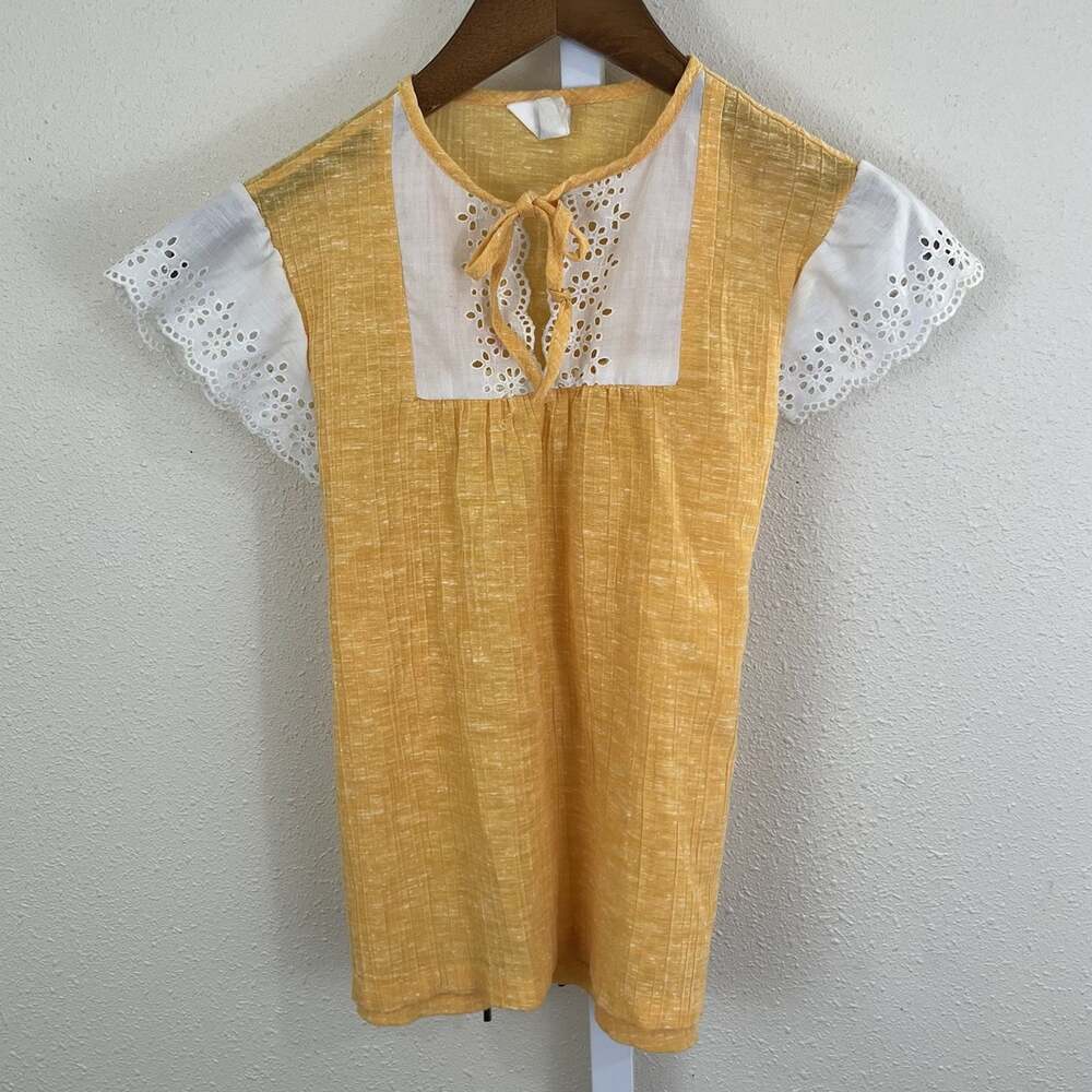 Vintage Babydoll Peasant Blouse Girls 12 Yellow White Eyelet Lace Prairie